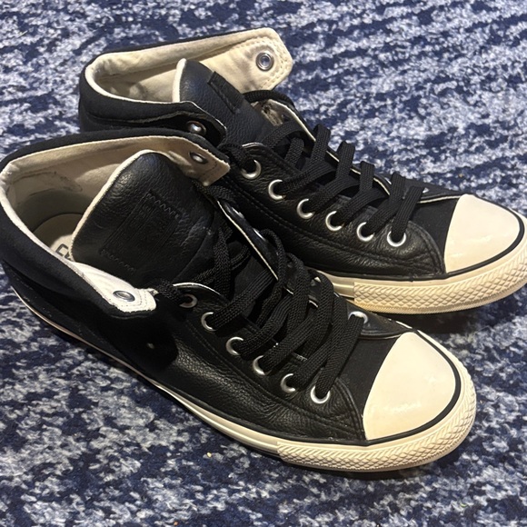 Converse Faux Leather Black and Cream High-Top Sneakers - Picture 3 of 6